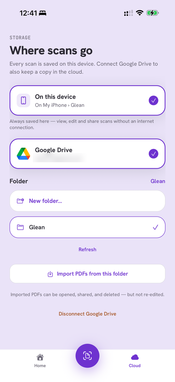 Glean storage settings showing on-device and optional Google Drive