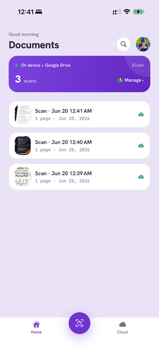 Glean home screen showing a library of scanned documents