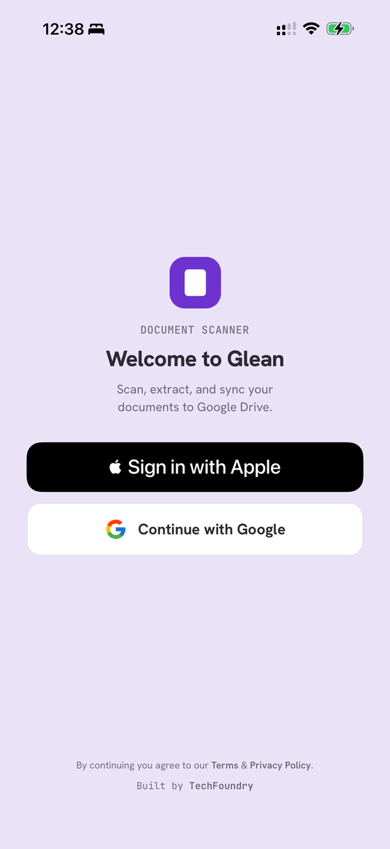Glean sign-in screen with Sign in with Apple and Continue with Google